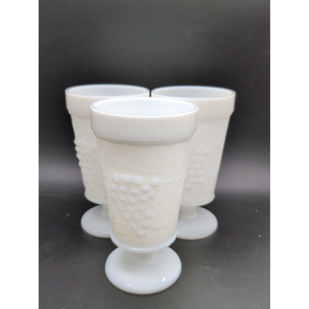 Vintage Anchor Hocking Milk Glass Grape Vine Goblets Set Of 3